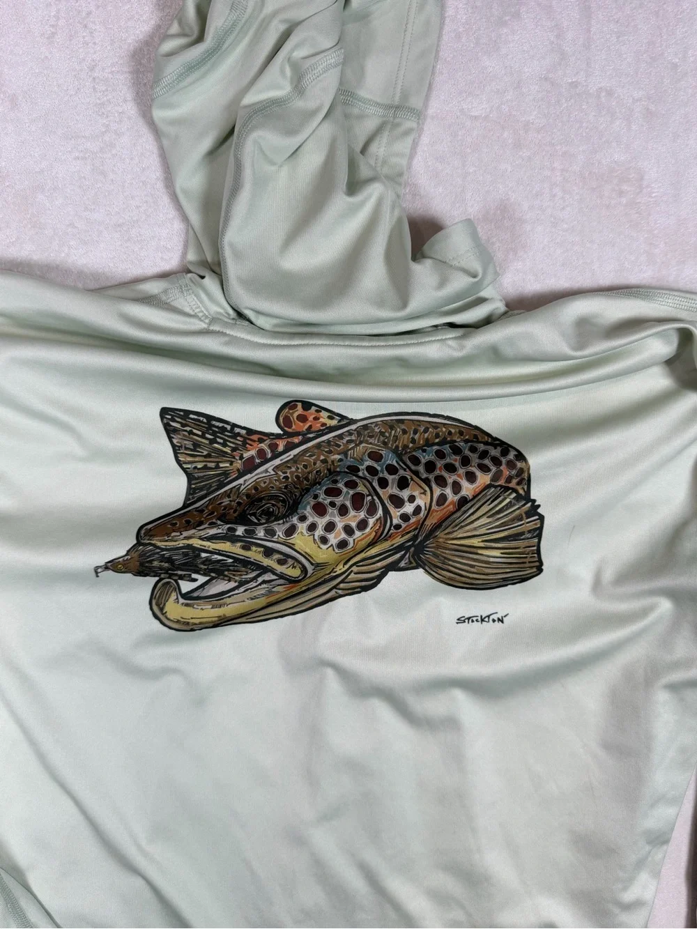 Simms Pale Mint Size Large Performance Long-Sleeve Sweater Fish Logo on Back
